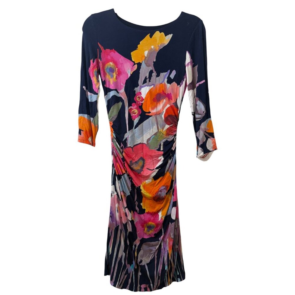 NWT Kay Unger NY "Kelly" Ruched Floral Midi Dress - Navy Multi -Sz 2 - MSRP $340 - Picture 2 of 4